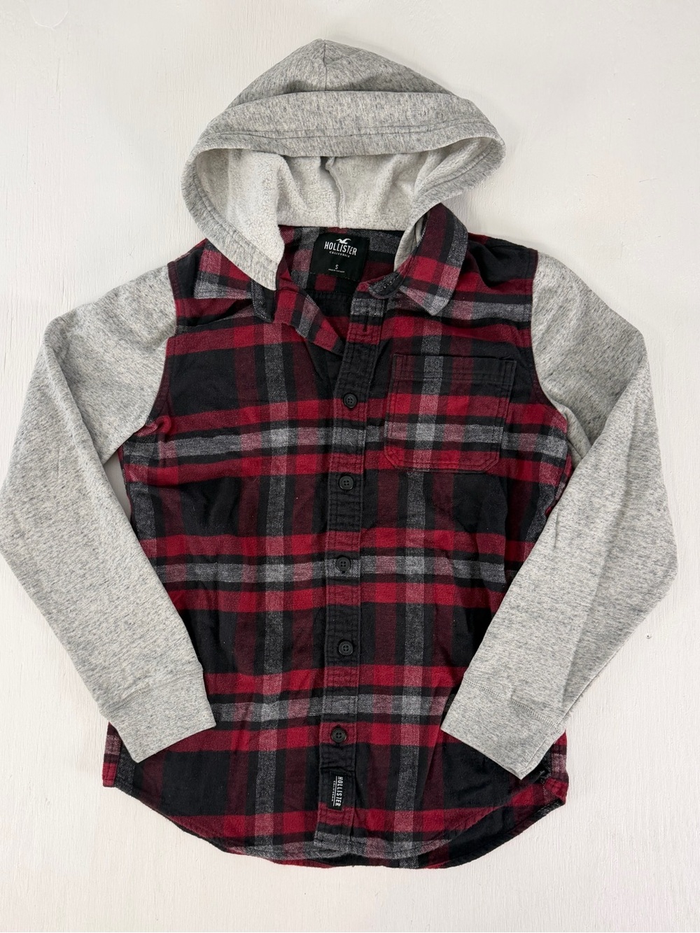 Hollister Buffalo Red Gray Black Plaid Flannel Hoodie Shirt Jacket Men's S